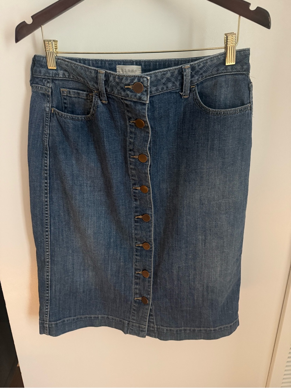 Hinge Denim Midi A-line Skirt with Front Button Closure Size M